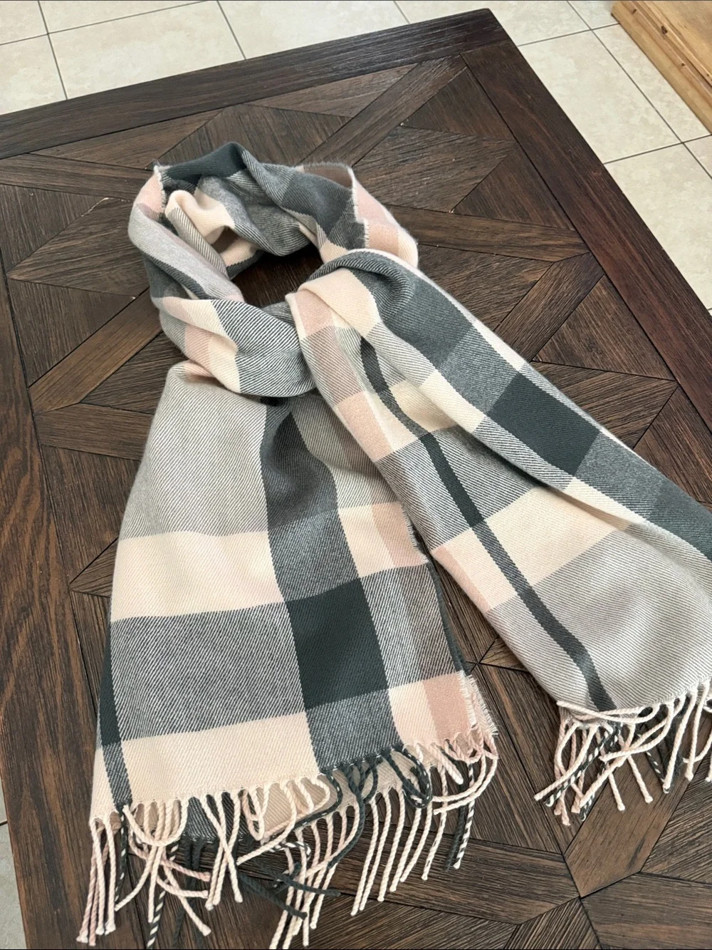 J.Crew Classic Plaid Blanket Scarf Pink Cream Gray Oversized Fringe Wrap
